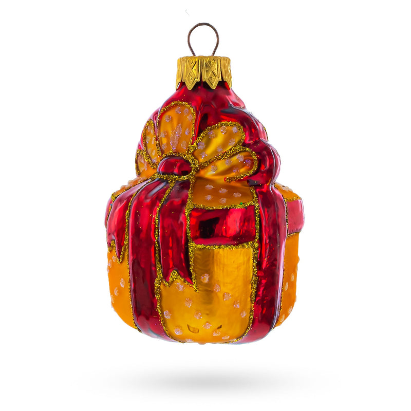 Gift Box with Red Ribbon Glass Christmas Ornament