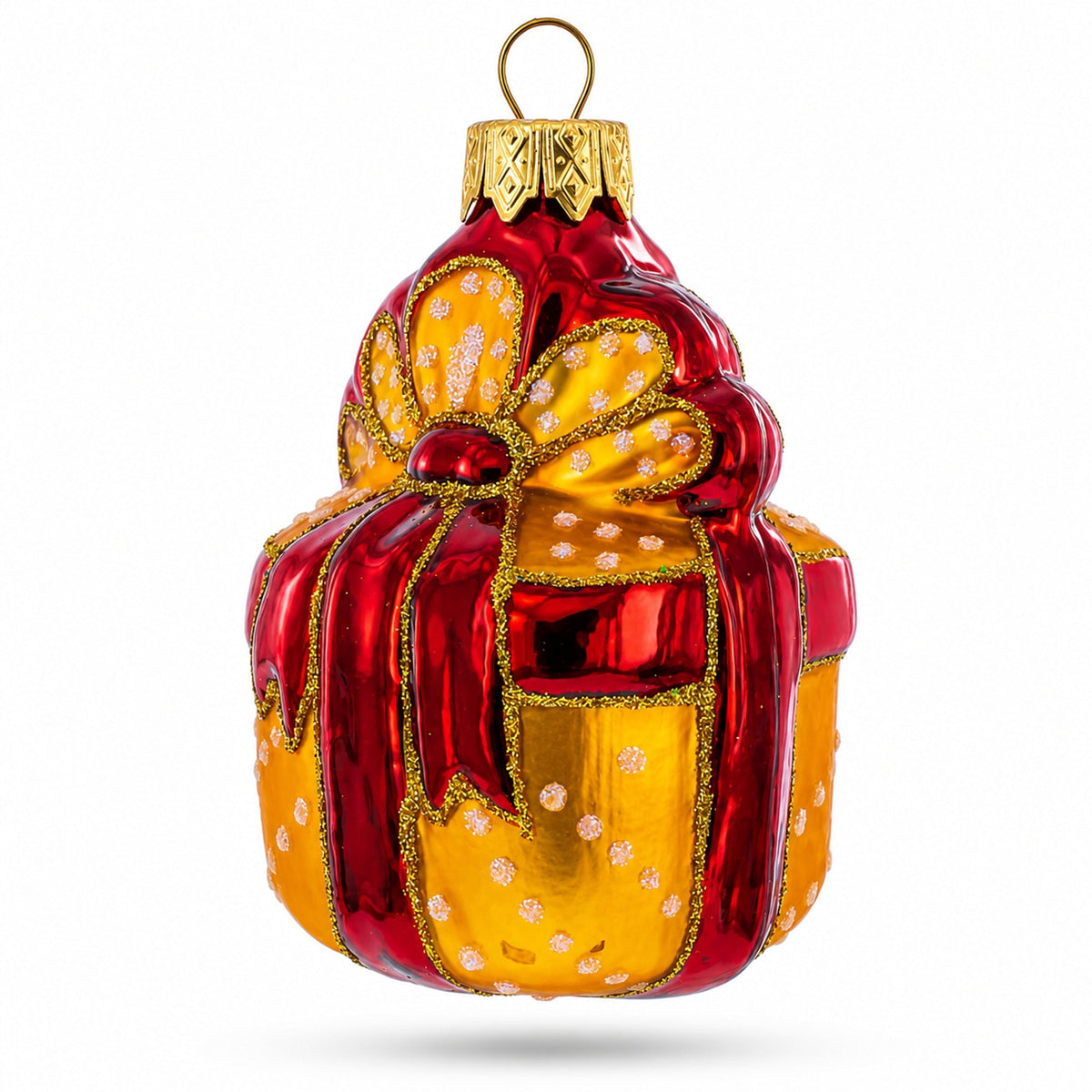 Gift Box with Red Ribbon Glass Christmas Ornament