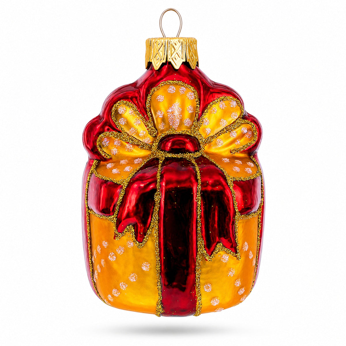 Gift Box with Red Ribbon Glass Christmas Ornament