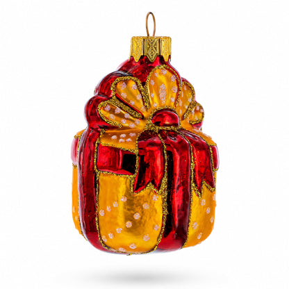 Gift Box with Red Ribbon Glass Christmas Ornament