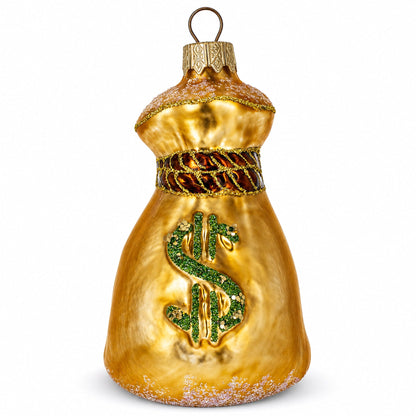 Gold Money Bag With Green Dollar Sign Glass Christmas Ornament