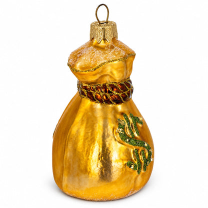 Gold Money Bag With Green Dollar Sign Glass Christmas Ornament