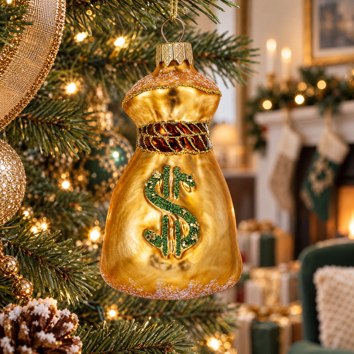 Gold Money Bag With Green Dollar Sign Glass Christmas Ornament