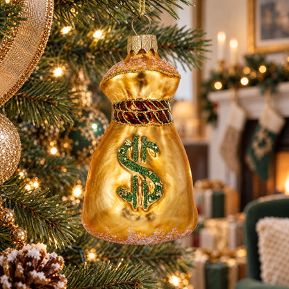 Gold Money Bag With Green Dollar Sign Glass Christmas Ornament