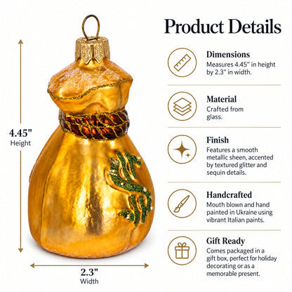 Gold Money Bag With Green Dollar Sign Glass Christmas Ornament