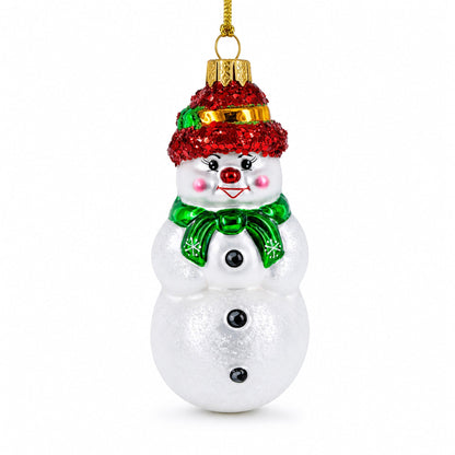 Snowman With Black Buttons and Red Nose Glass Christmas Ornament