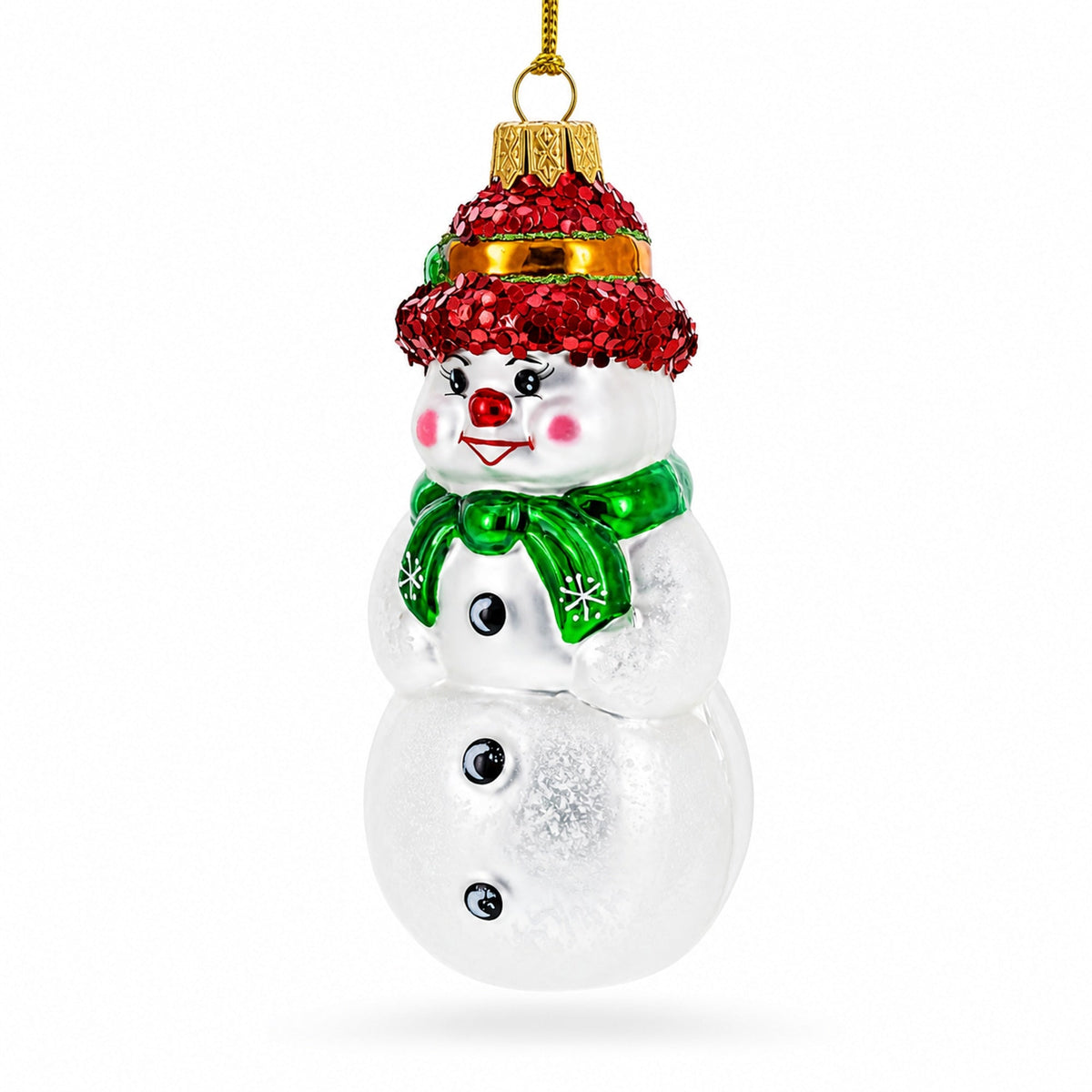 Snowman With Black Buttons and Red Nose Glass Christmas Ornament