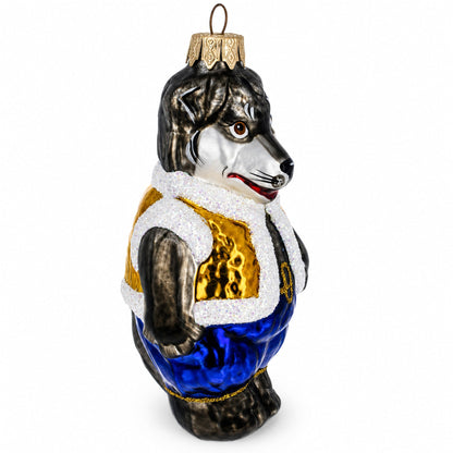 Gray Wolf Wearing Blue Pants and Gold Vest Glass Christmas Ornament
