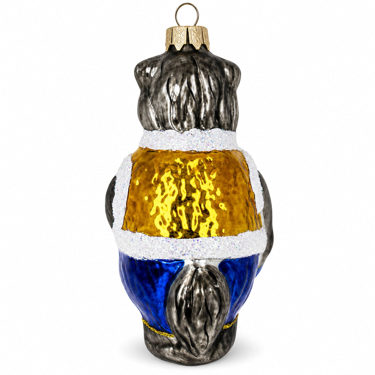 Gray Wolf Wearing Blue Pants and Gold Vest Glass Christmas Ornament