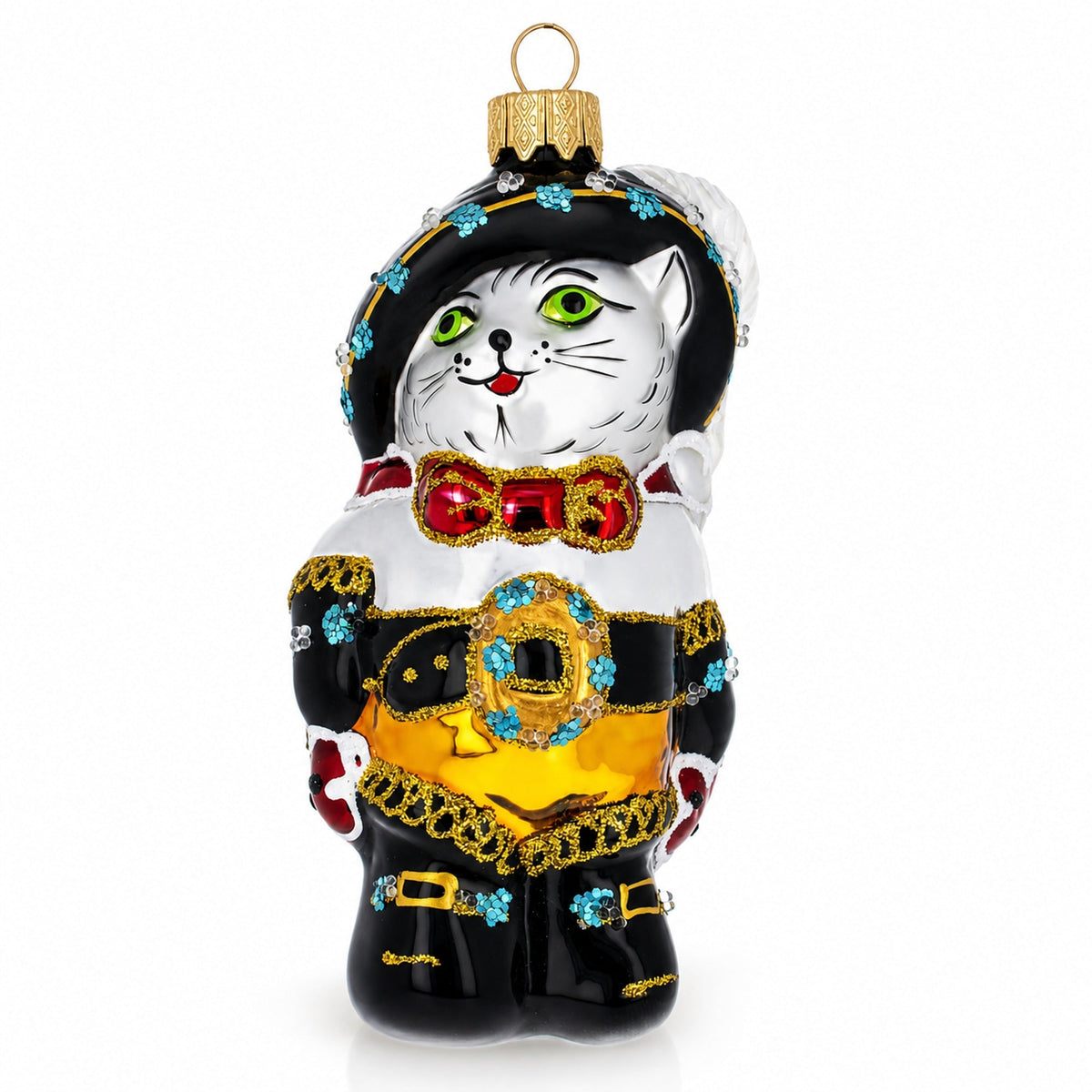 Puss in Boots Wearing Ornate Suit Glass Christmas Ornament