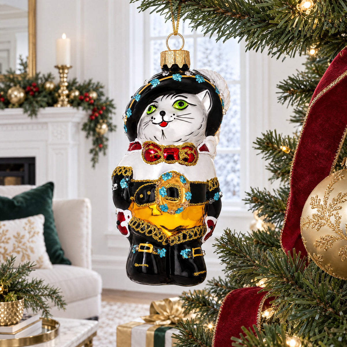 Puss in Boots Wearing Ornate Suit Glass Christmas Ornament