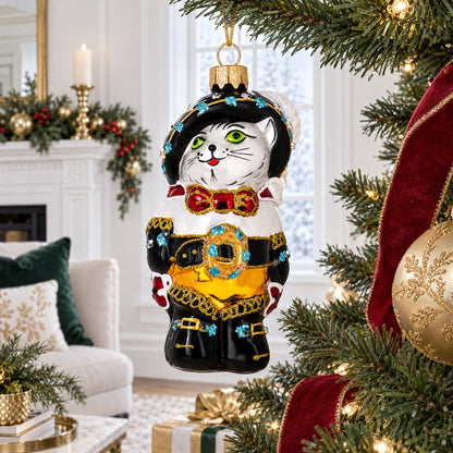 Puss in Boots Wearing Ornate Suit Glass Christmas Ornament