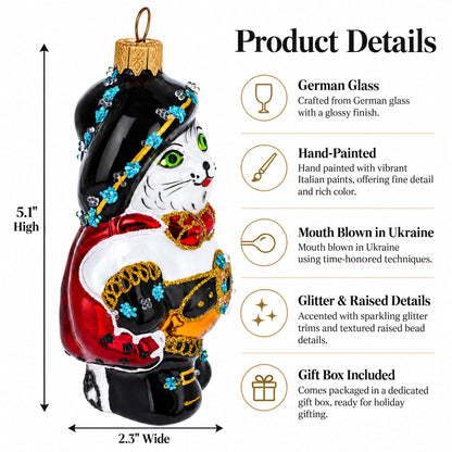 Puss in Boots Wearing Ornate Suit Glass Christmas Ornament