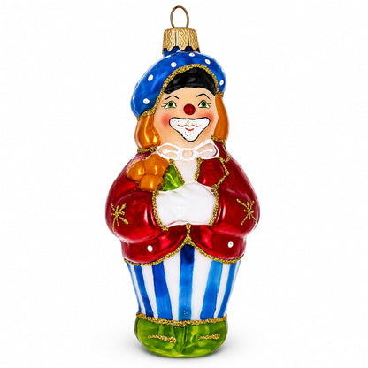Circus Clown Holding Flowers Glass Christmas Ornament