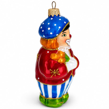 Circus Clown Holding Flowers Glass Christmas Ornament