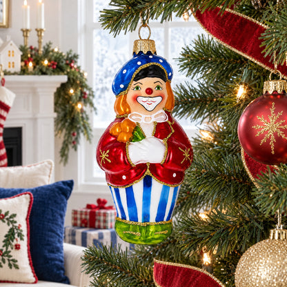 Circus Clown Holding Flowers Glass Christmas Ornament