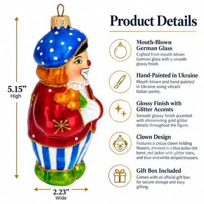 Circus Clown Holding Flowers Glass Christmas Ornament