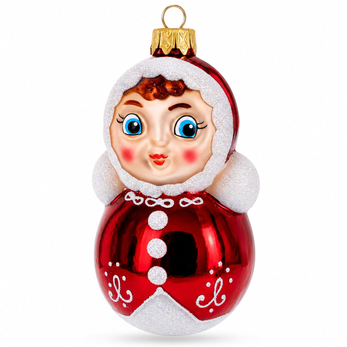 Roly-Poly Doll with Blue Eyes Glass Christmas Ornament