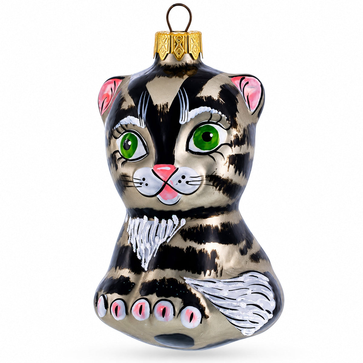 Striped Cat with Green Eyes Glass Christmas Ornament