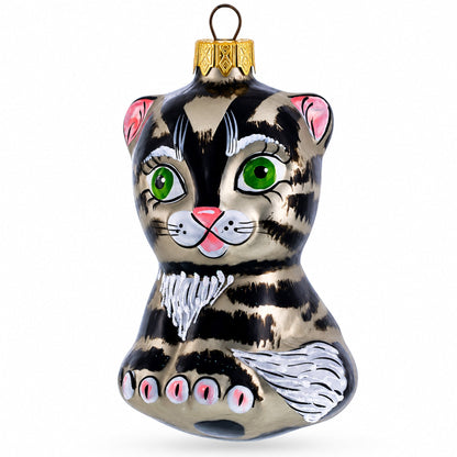 Striped Cat with Green Eyes Glass Christmas Ornament