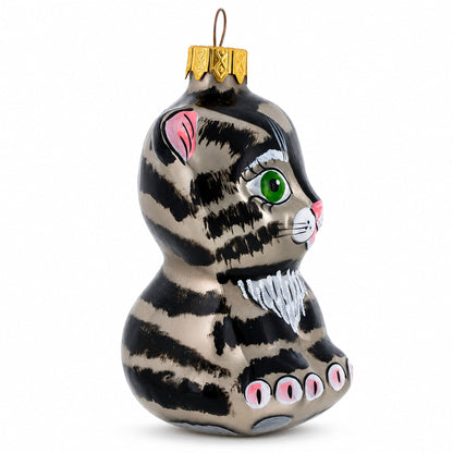 Striped Cat with Green Eyes Glass Christmas Ornament