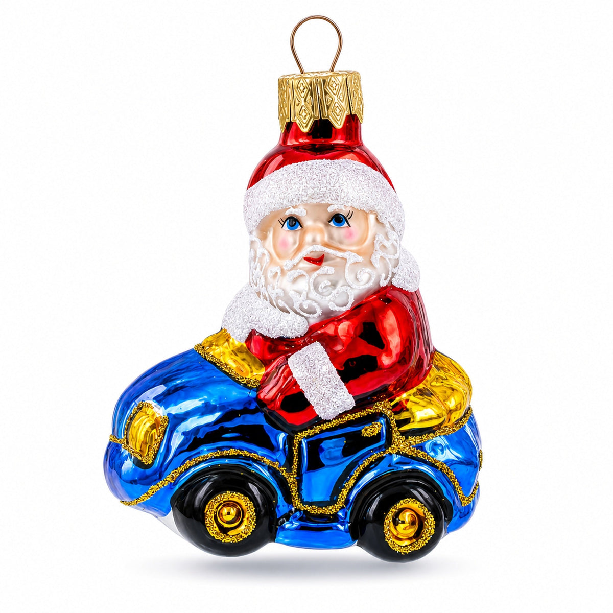 Santa Driving Blue Car Glass Ornaments
