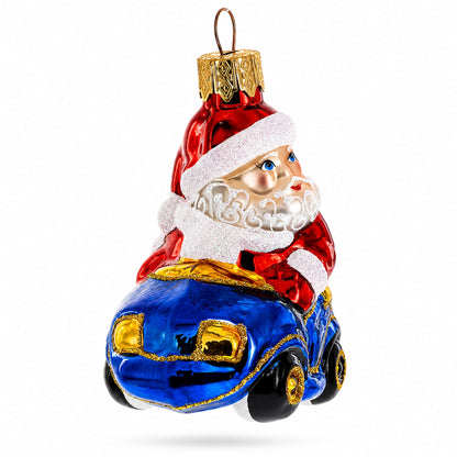 Santa Driving Blue Car Glass Ornaments