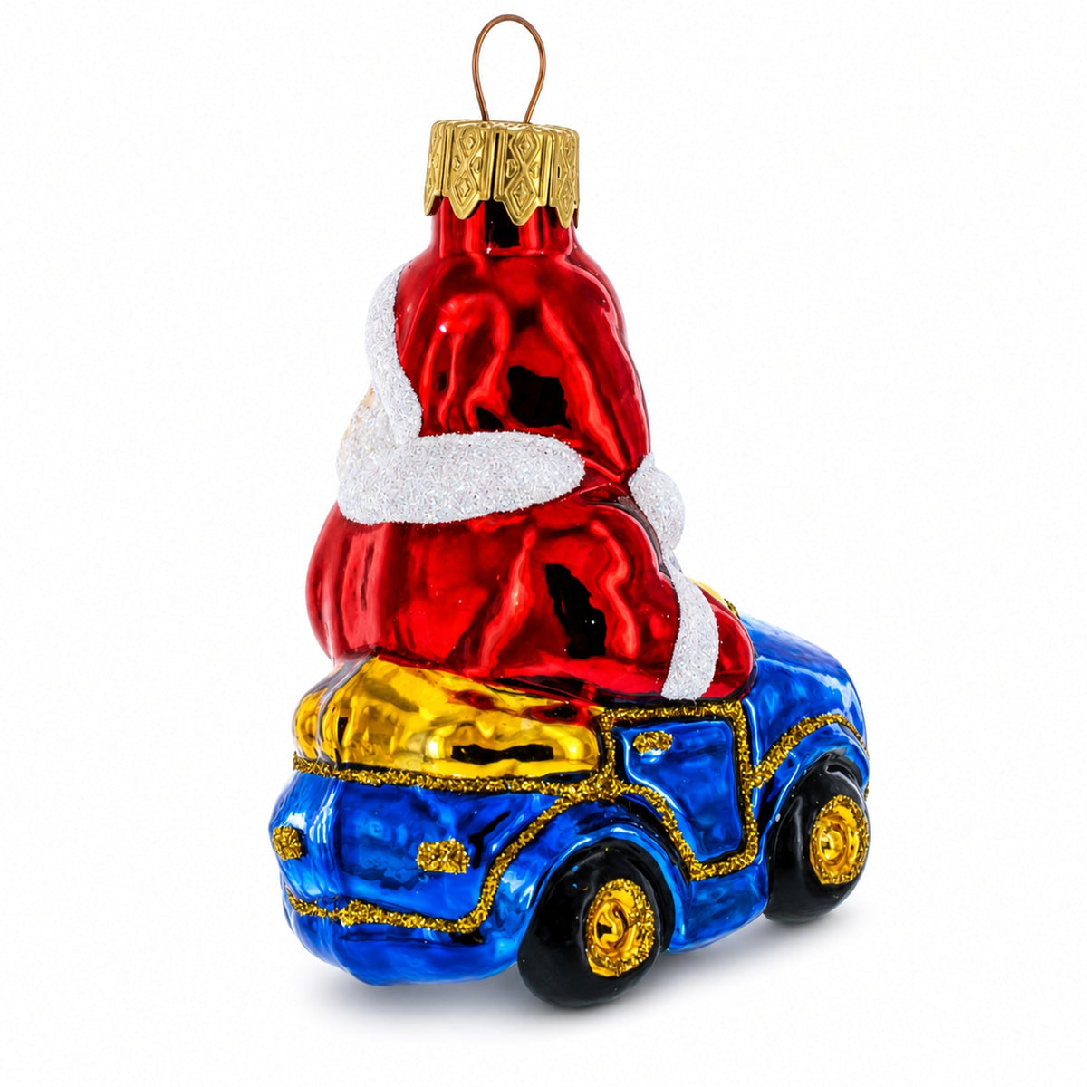 Santa Driving Blue Car Glass Ornaments