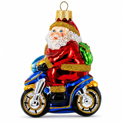 Santa on Motorcycle with Green Backpack Glass Christmas Ornament