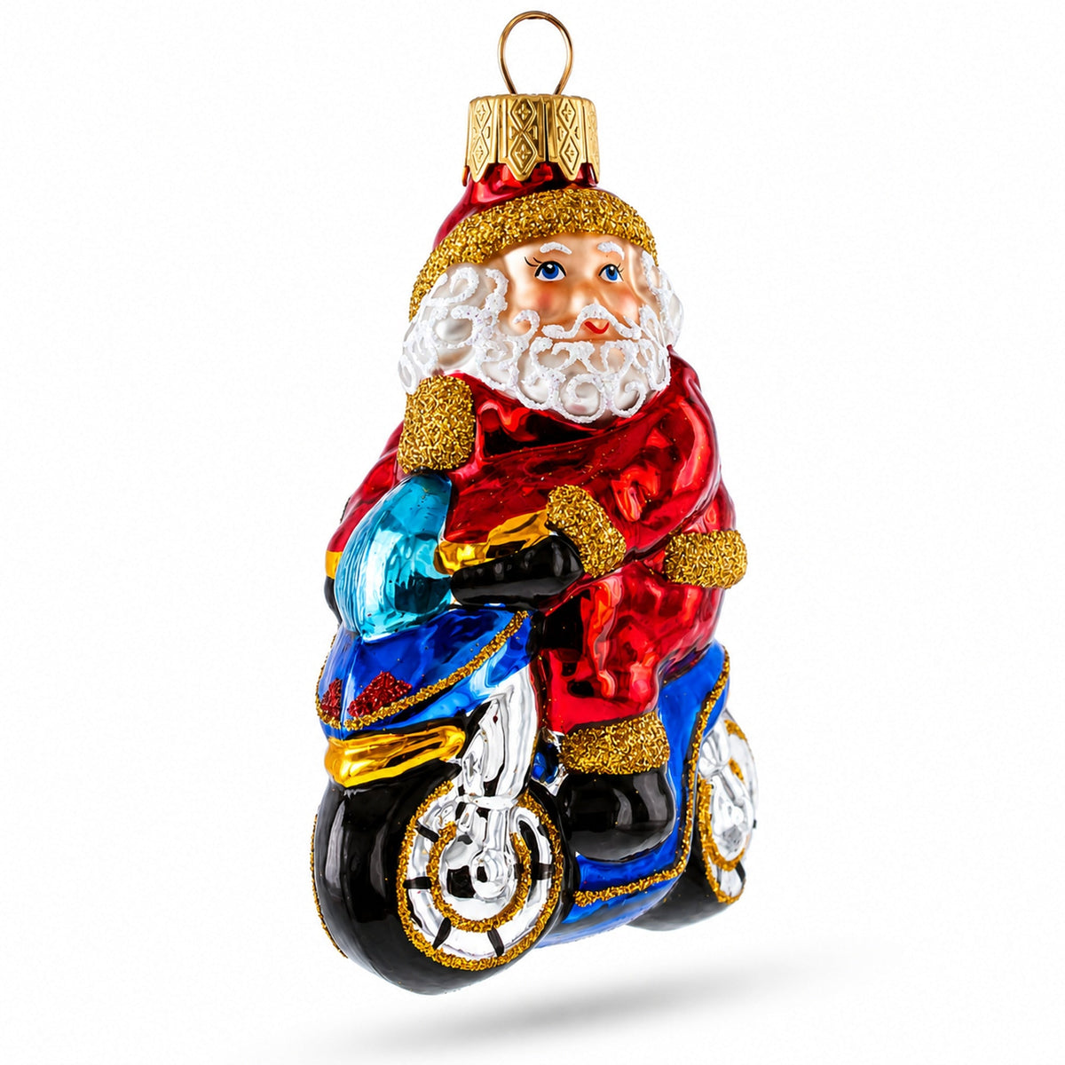 Santa on Motorcycle with Green Backpack Glass Christmas Ornament