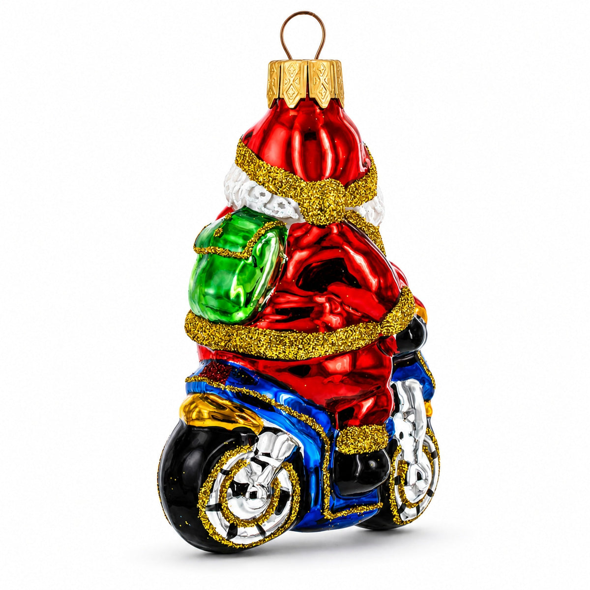 Santa on Motorcycle with Green Backpack Glass Christmas Ornament