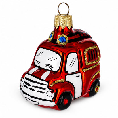 Red Firefighting Truck Mini Glass Christmas Ornament
