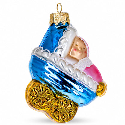 Newborn Baby Girl in a Stroller Glass Christmas Ornament