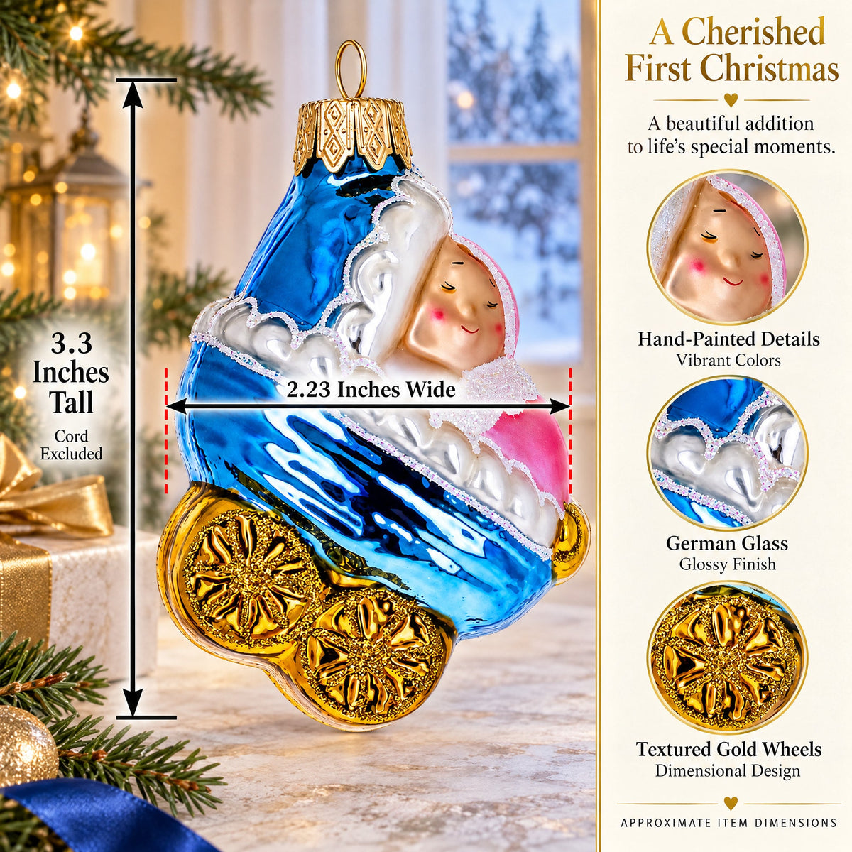 Newborn Baby Girl in a Stroller Glass Christmas Ornament