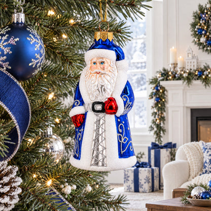 Santa Claus in Blue Robe Father Frost Glass Christmas Ornament