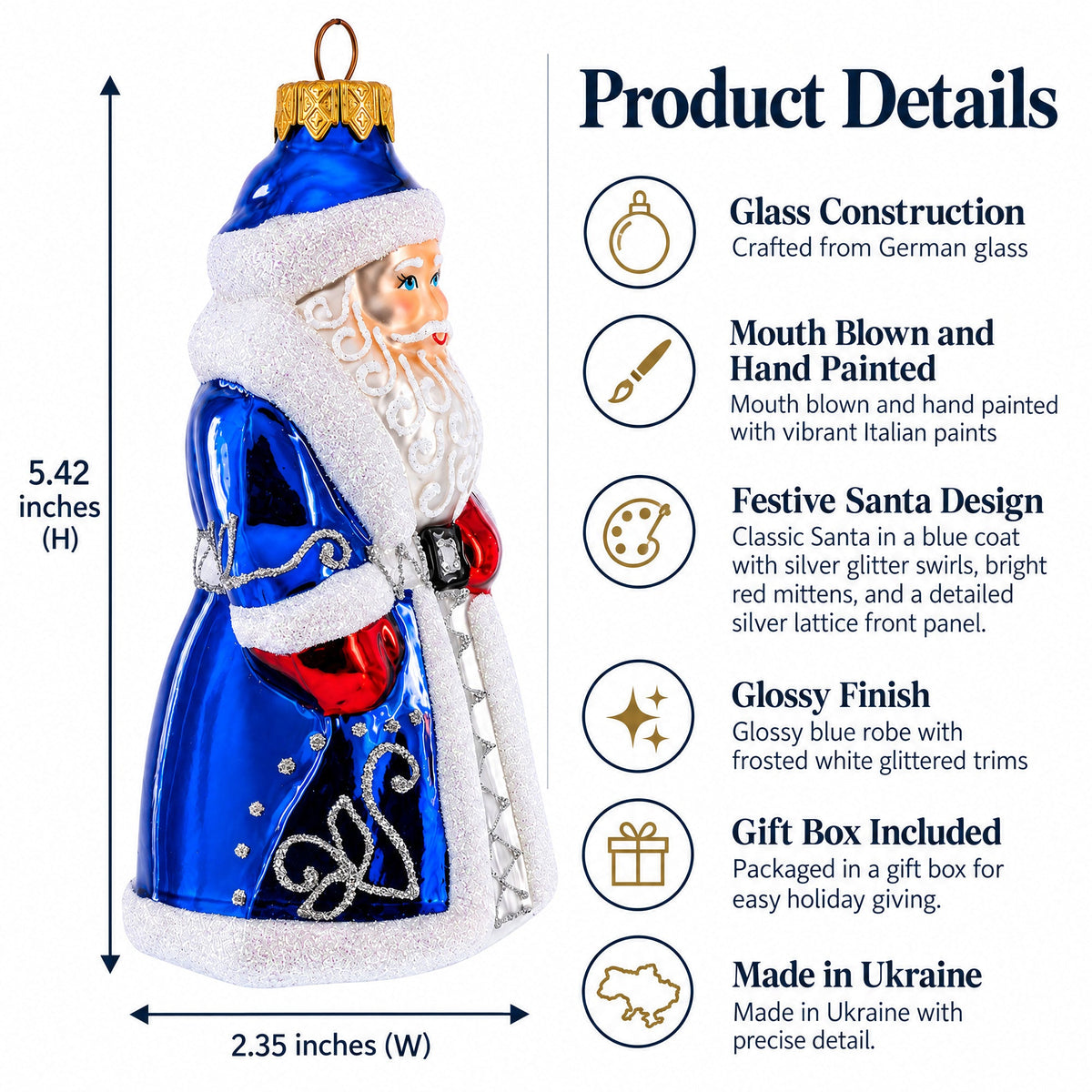 Santa Claus in Blue Robe Father Frost Glass Christmas Ornament