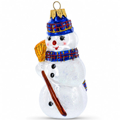 Snowman Wearing Blue Hat and Plaid Scarf with Broom Glass Christmas Ornament