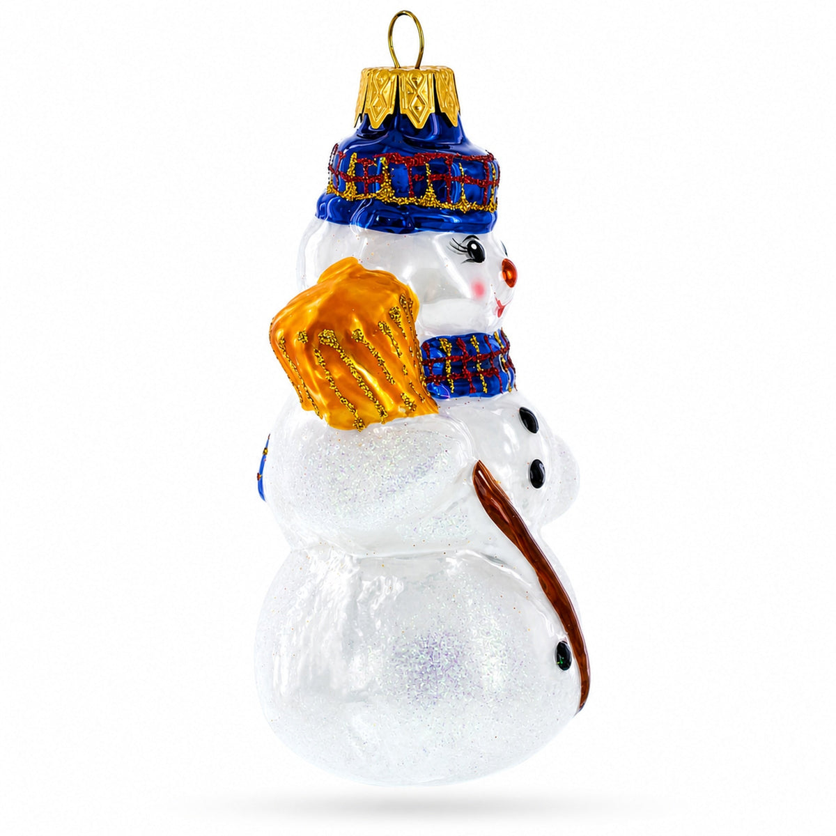 Snowman Wearing Blue Hat and Plaid Scarf with Broom Glass Christmas Ornament