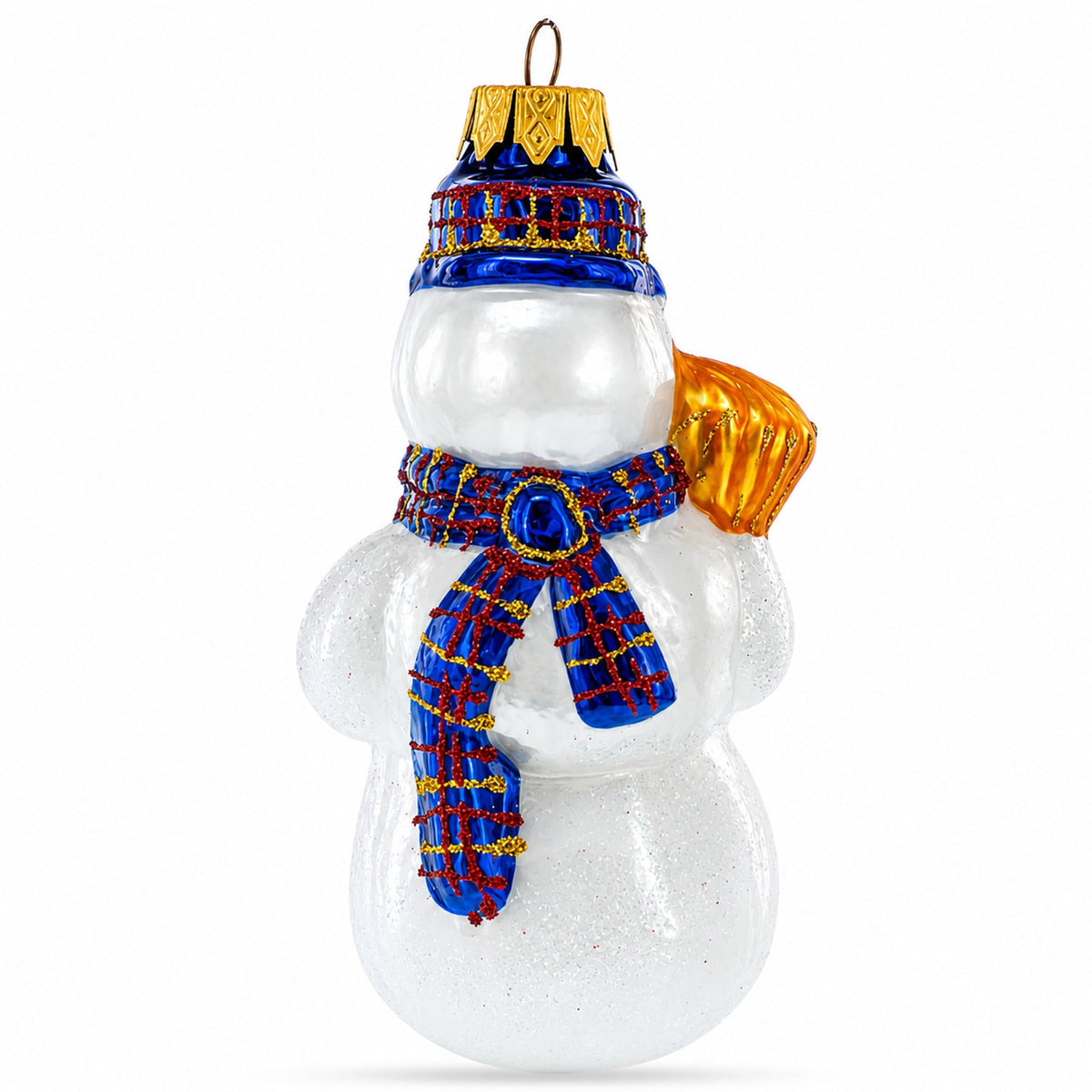 Snowman Wearing Blue Hat and Plaid Scarf with Broom Glass Christmas Ornament