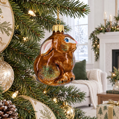 Sitting Rabbit Brown Bunny Glass Christmas Ornament