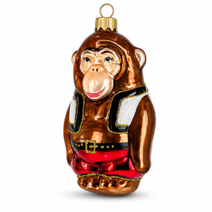 Circus Monkey in Red Shorts and Detailed Vest Glass Christmas Ornament