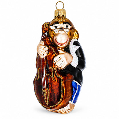 Musician Monkey Playing Cello Glass Christmas Ornament