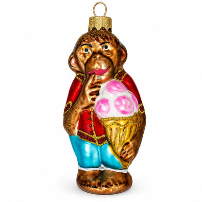 Monkey with Ice Cream Glass Christmas Ornament