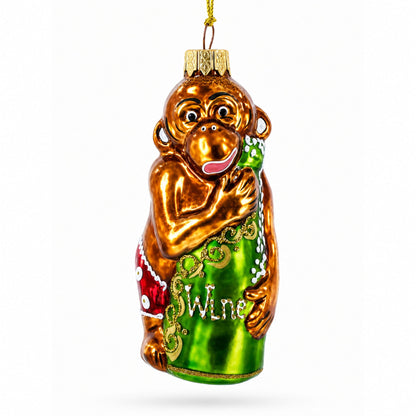 Monkey with Wine Bottle Glass Christmas Ornament