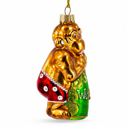 Monkey with Wine Bottle Glass Christmas Ornament