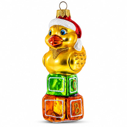 Yellow Duck in Santa Hat on Letter Blocks Glass Christmas Ornament
