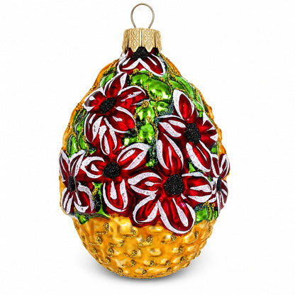 Red Flowers Bouquet Basket Glass Christmas Ornament