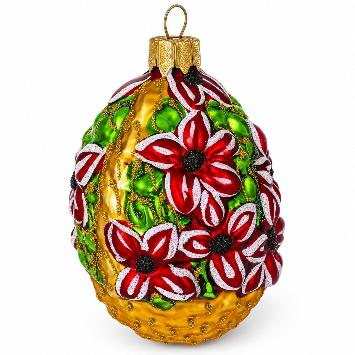 Red Flowers Bouquet Basket Glass Christmas Ornament