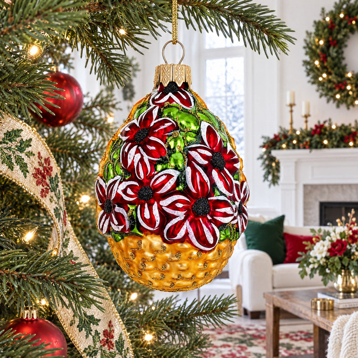Red Flowers Bouquet Basket Glass Christmas Ornament