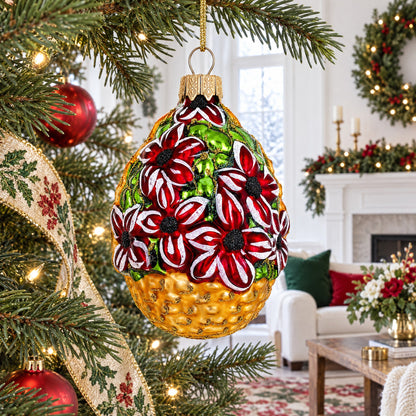 Red Flowers Bouquet Basket Glass Christmas Ornament